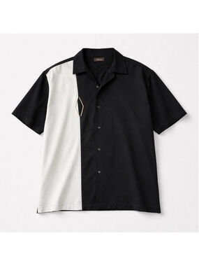 Café Luna Black Geometric Embroidered Short Sleeve Button-Up Shirt Men's L Retro
